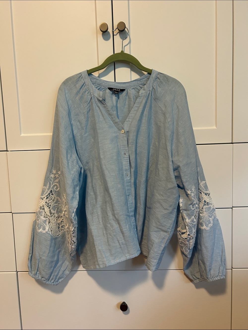 CHARLIE B Light Blue Linen Blouse with White Embroidered Sleeves